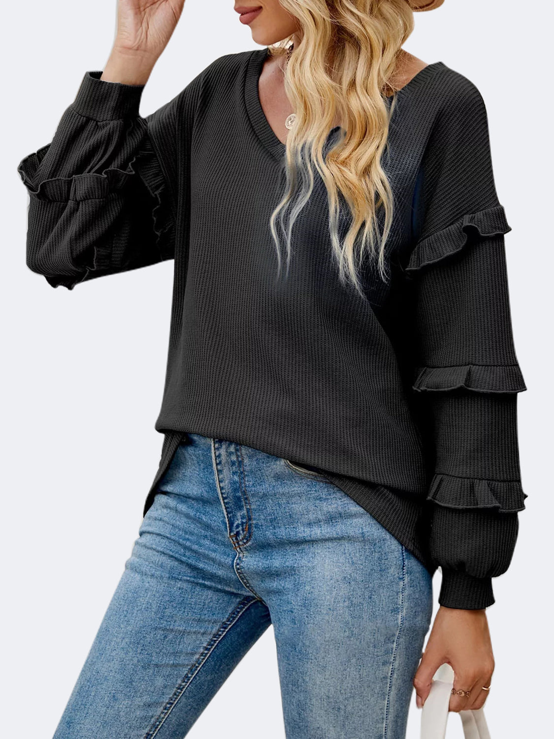 Ruffled V-Neck Long Sleeve T-Shirt-Angel Casuals