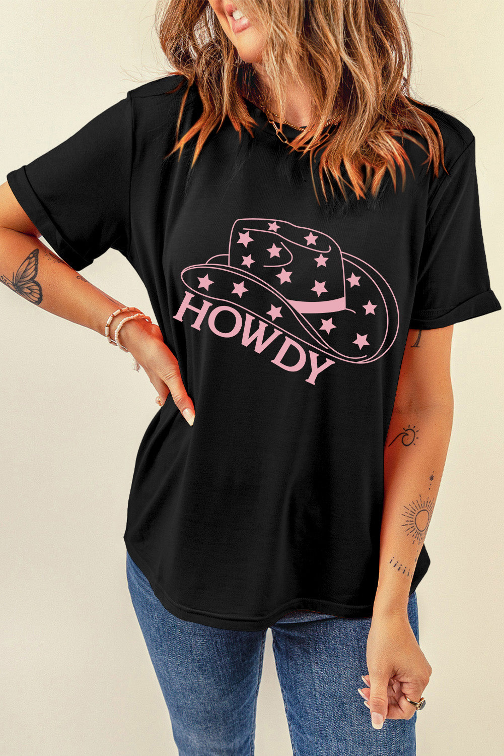 HOWDY Round Neck Short Sleeve T-Shirt-Angel Casuals