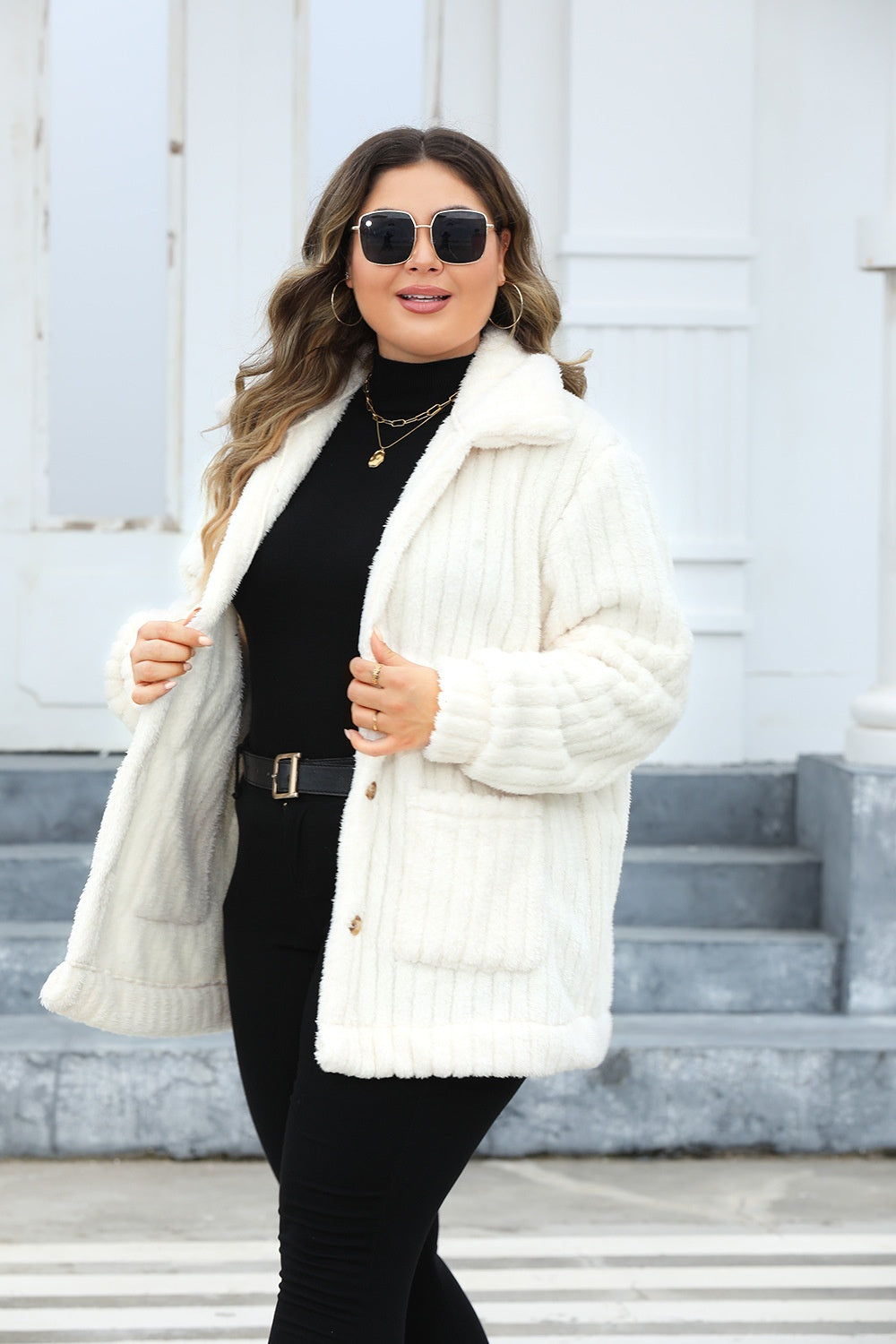 Plus Size Fuzzy Collared Neck Long Sleeve Jacket-Angel Casuals