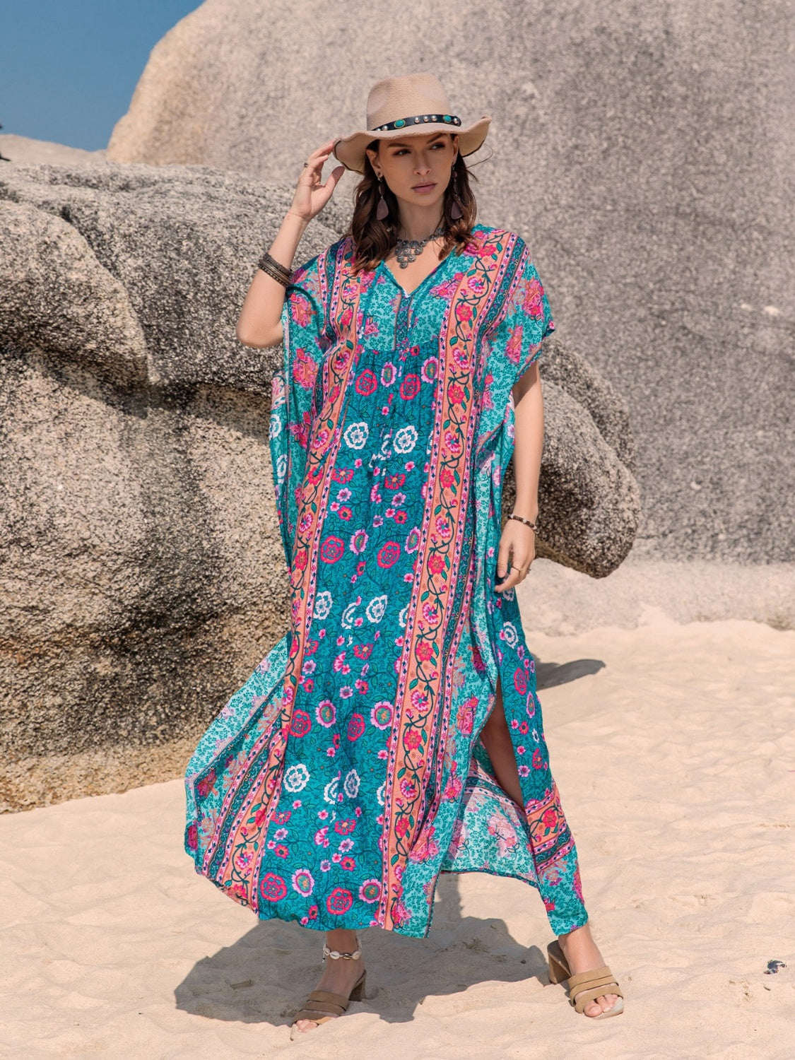 Printed Tie Neck Short Sleeve Dress-Angel Casuals