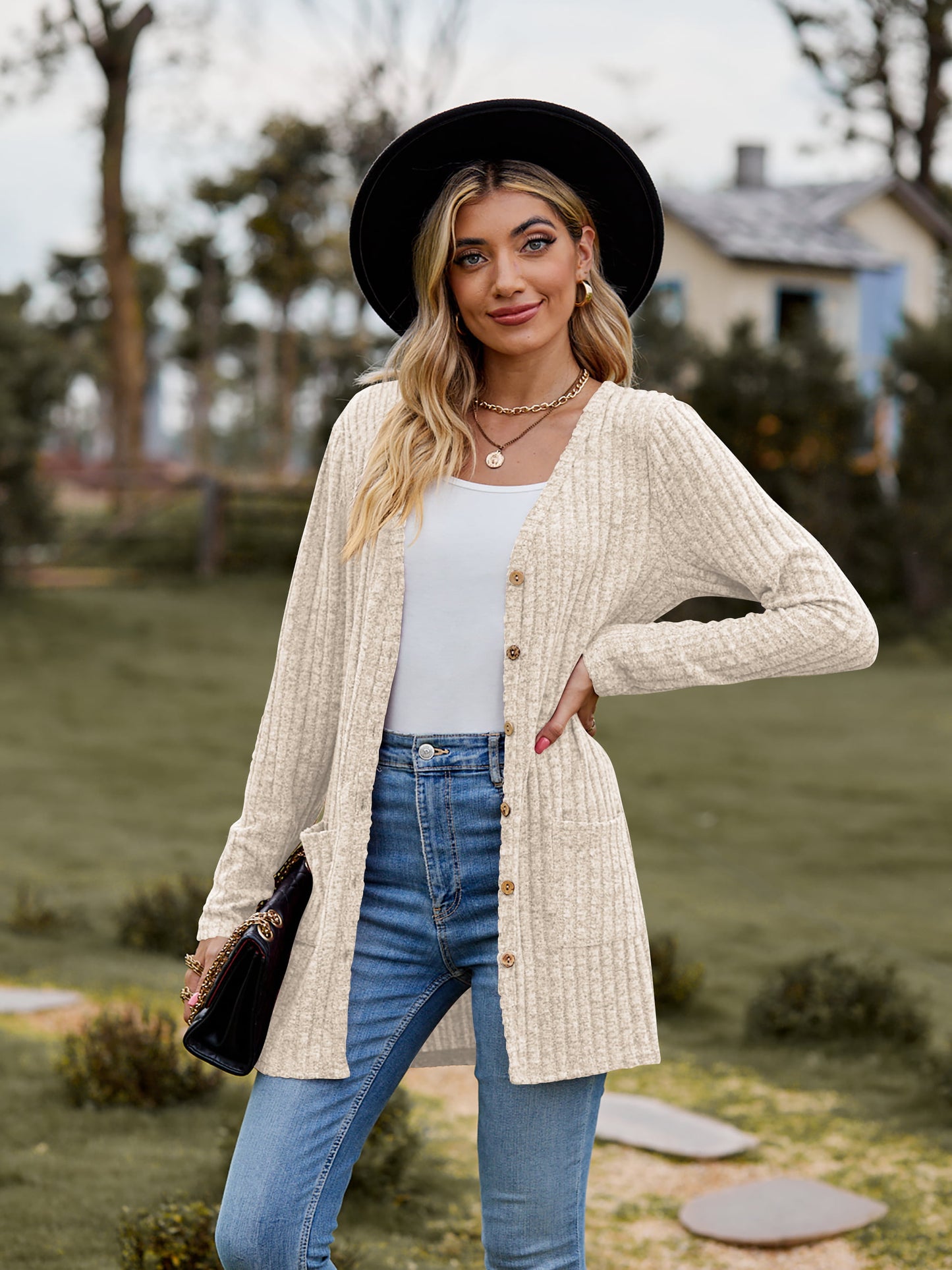 Ribbed Button-Up Cardigan with Pockets-Angel Casuals