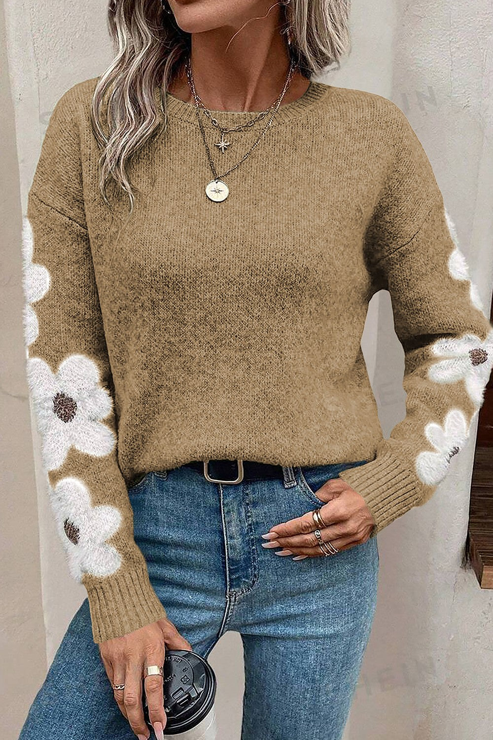 Flower Round Neck Long Sleeve Sweater-Angel Casuals