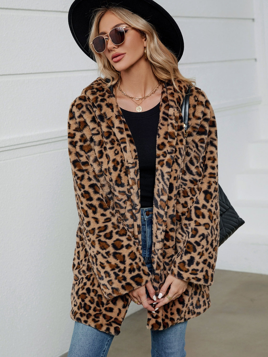 Fuzzy Leopard Hooded Long Sleeve Jacket-Angel Casuals