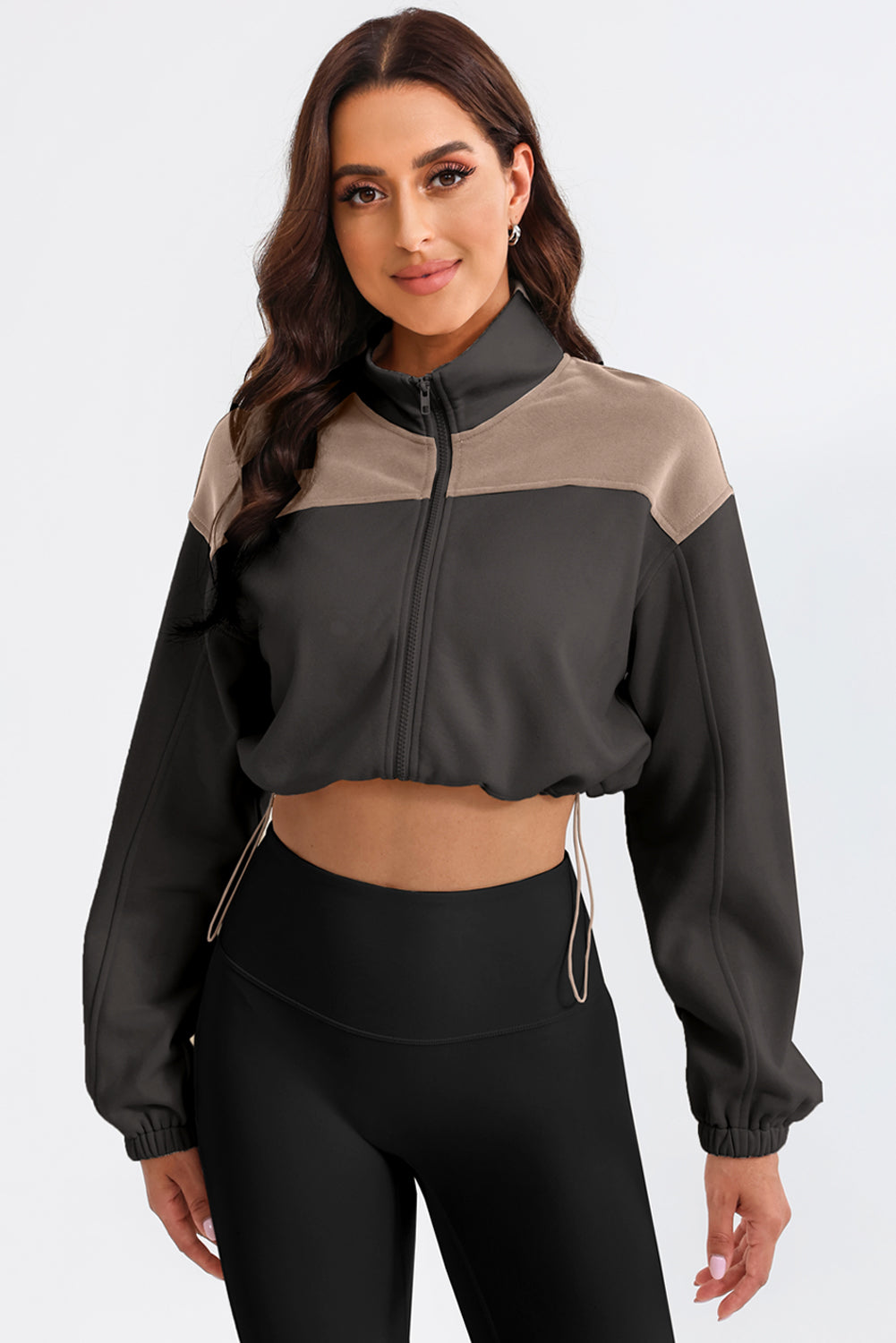 Contrast Drawstring Zip Up Jacket-Angel Casuals