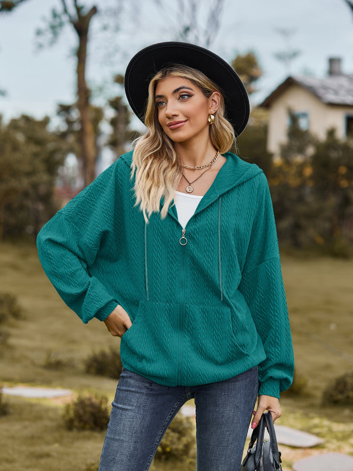 Zip Up Drawstring Long Sleeve Hooded Jacket-Angel Casuals