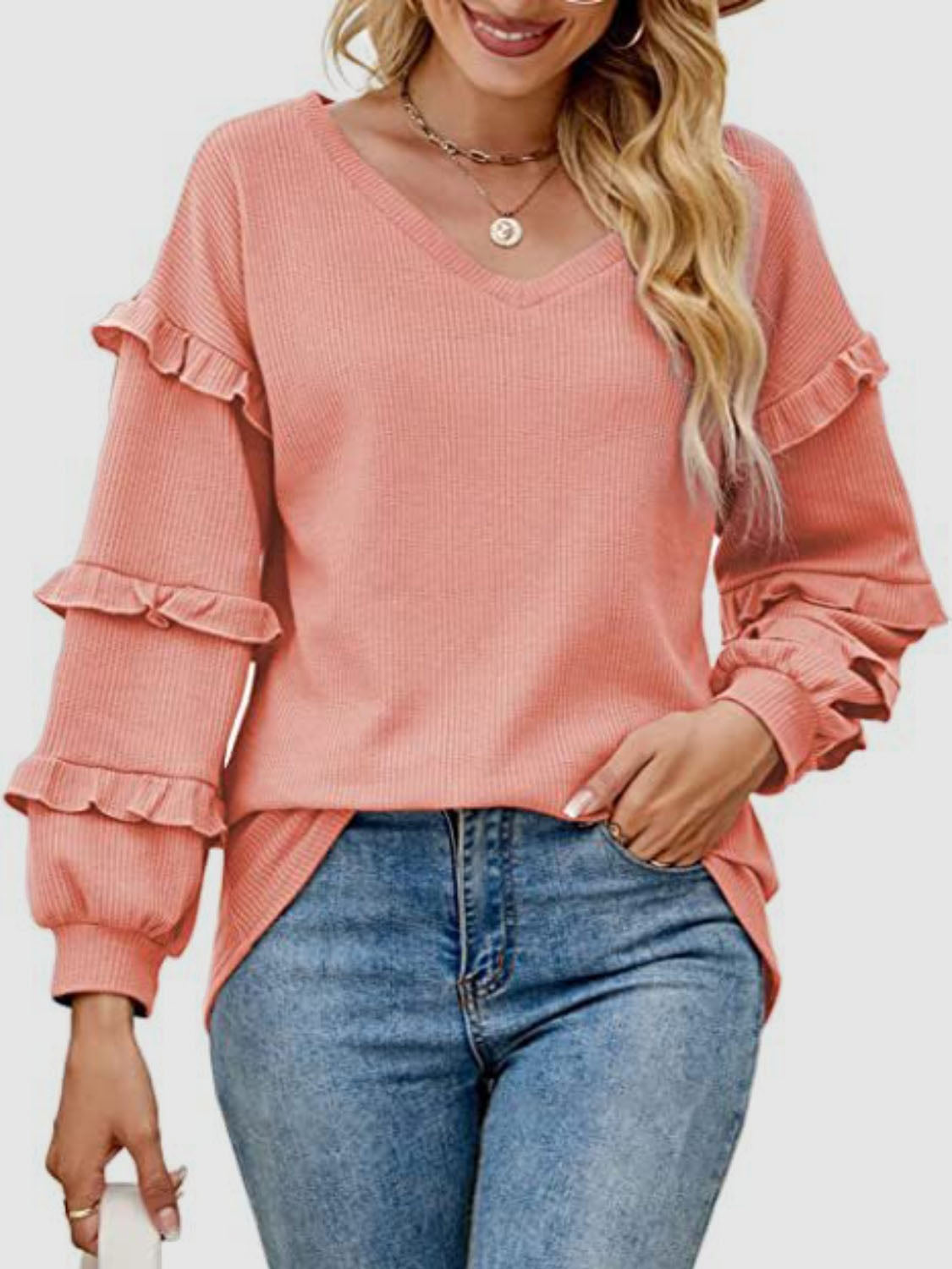 Ruffled V-Neck Long Sleeve T-Shirt-Angel Casuals