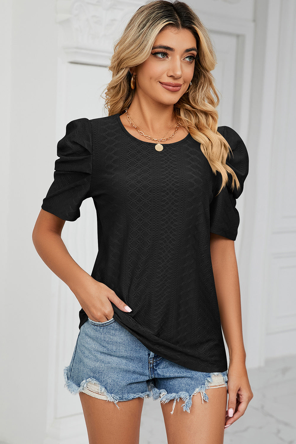 Eyelet Round Neck Puff Sleeve T-Shirt-Angel Casuals