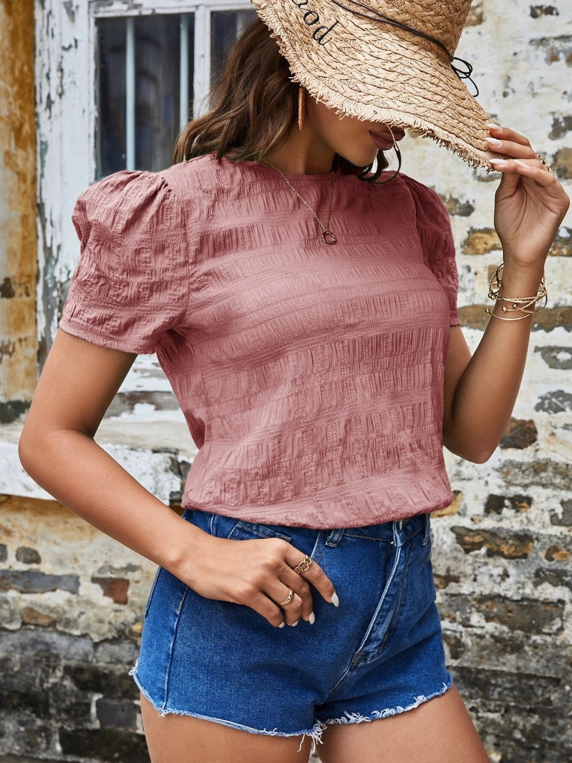 Ruched Round Neck Short Sleeve T-Shirt-Angel Casuals