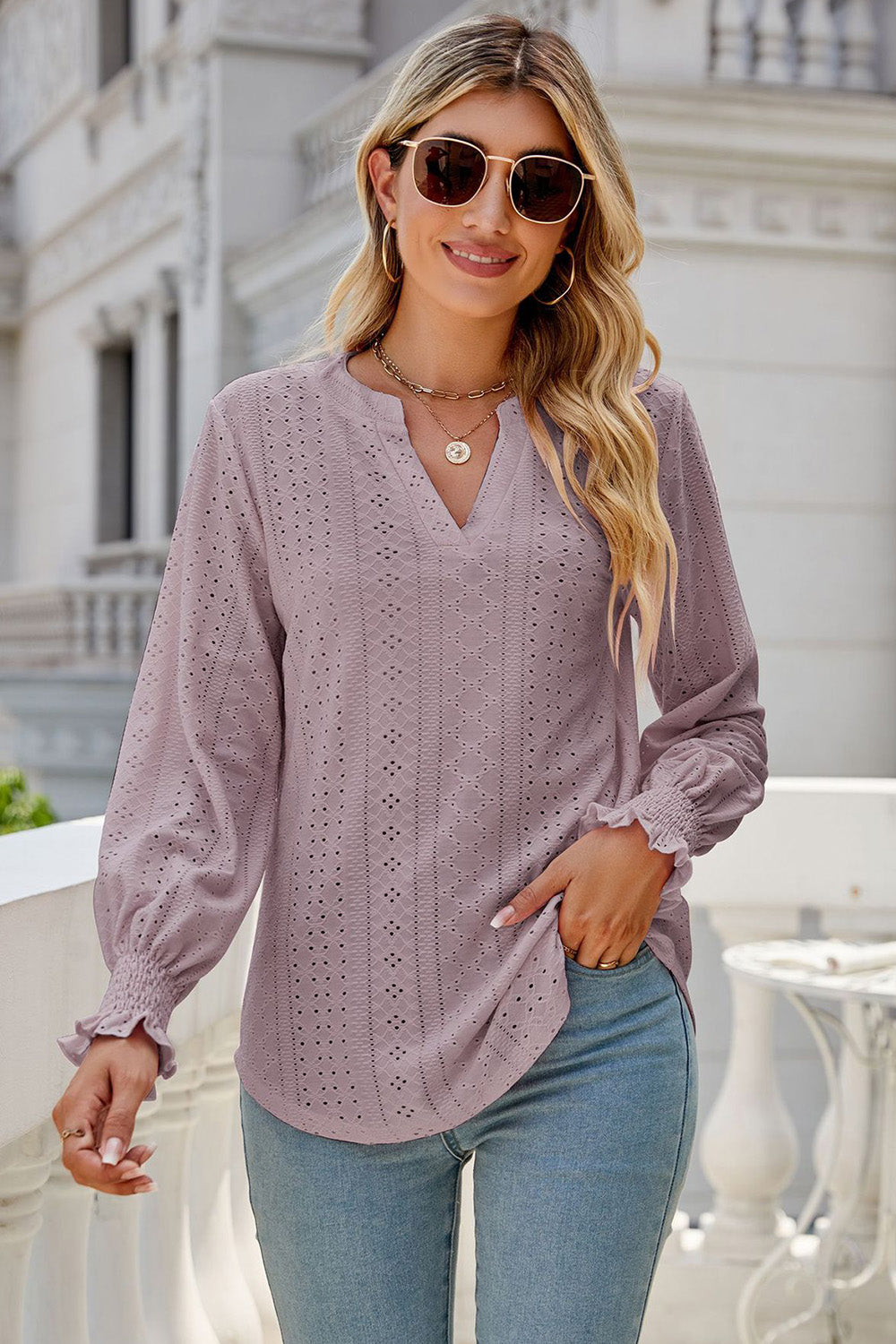Eyelet Notched Lantern Sleeve T-Shirt-Angel Casuals