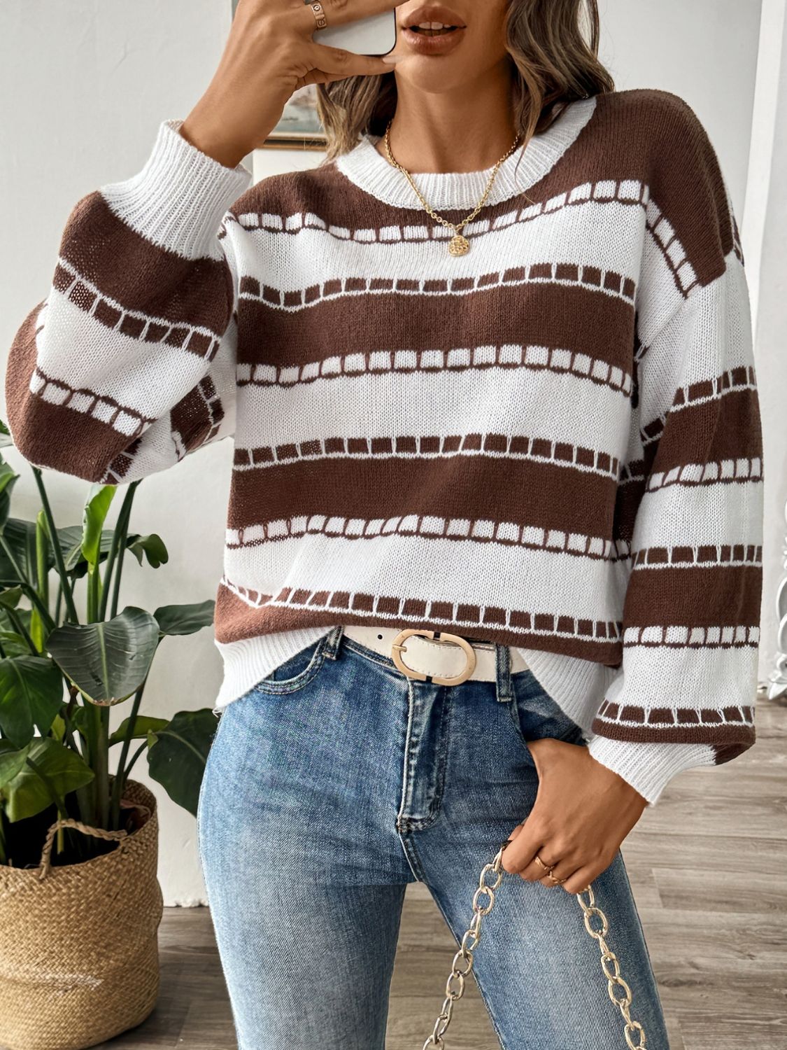Striped Round Neck Long Sleeve Sweater-Angel Casuals