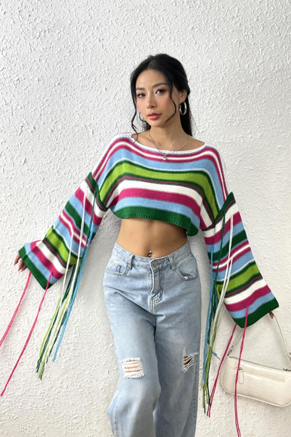 Fringe Striped Round Neck Knit Top-Angel Casuals