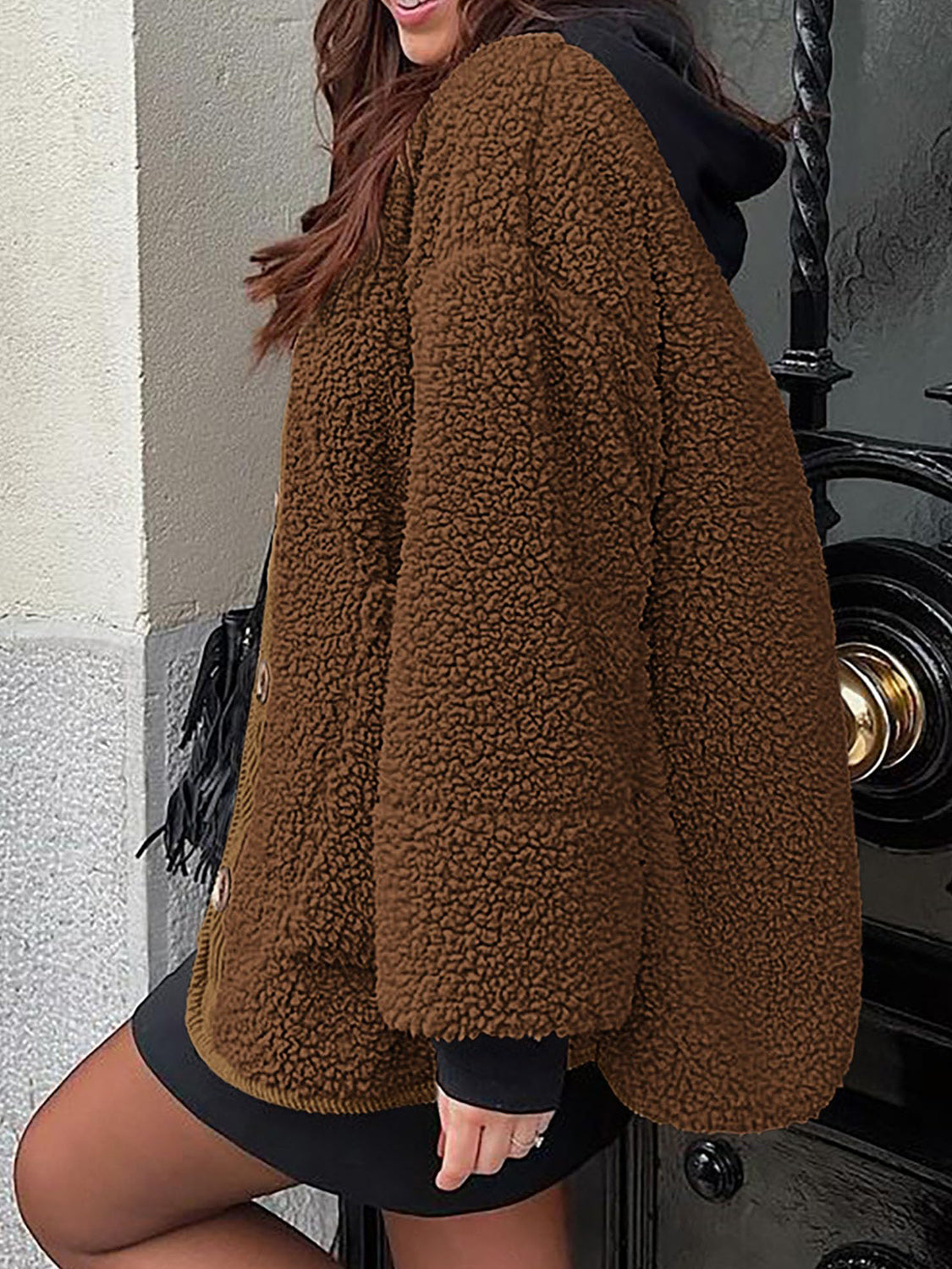 Contrast Button Up Sherpa Jacket with Pockets-Angel Casuals