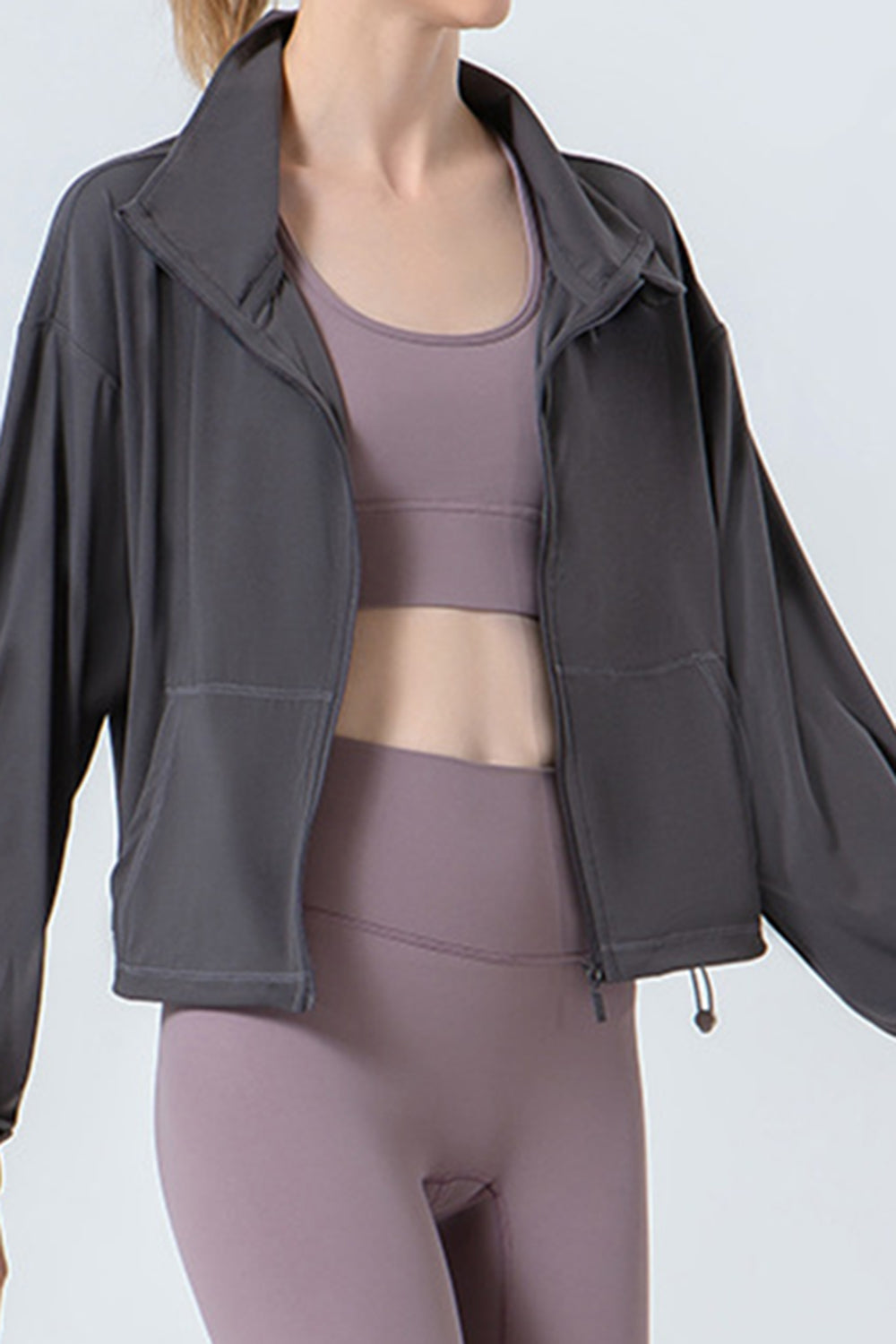 Drawstring Zip Up Dropped Shoulder Active Outerwear-Angel Casuals