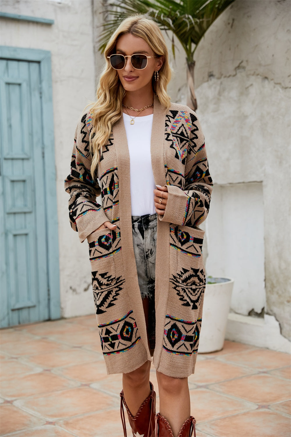 Angel Wings Pocketed Geometric Open Front Dropped Shoulder Cardigan-Angel Casuals