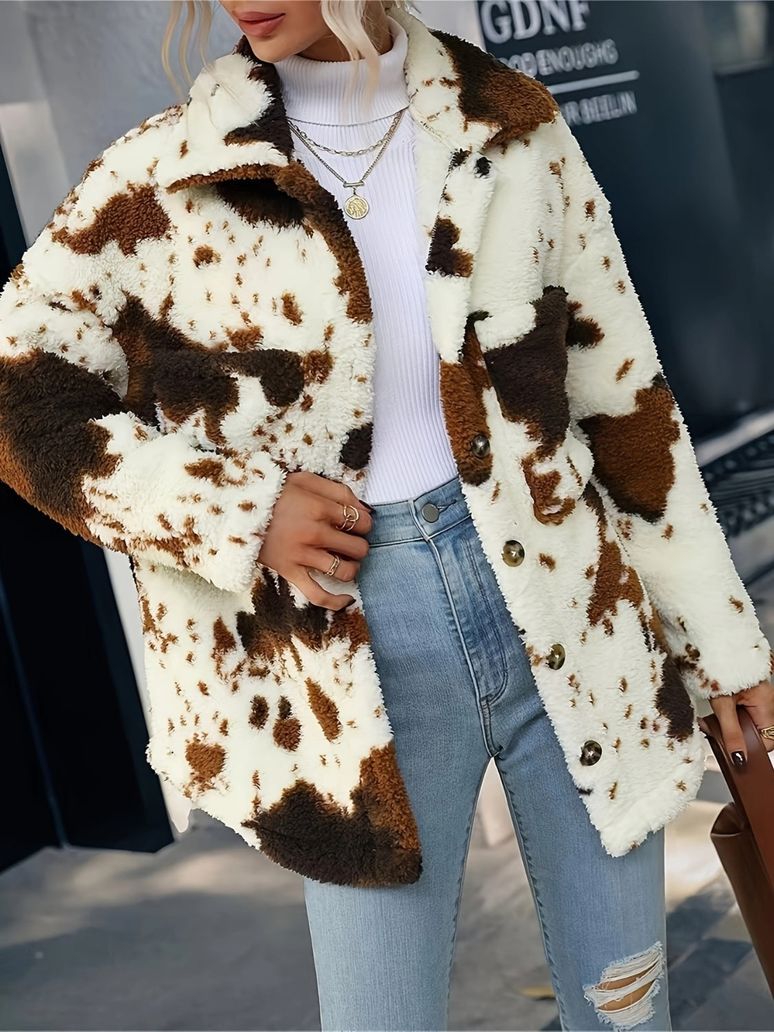 Cow Print Collared Neck Button Up Fuzzy Jacket-Angel Casuals
