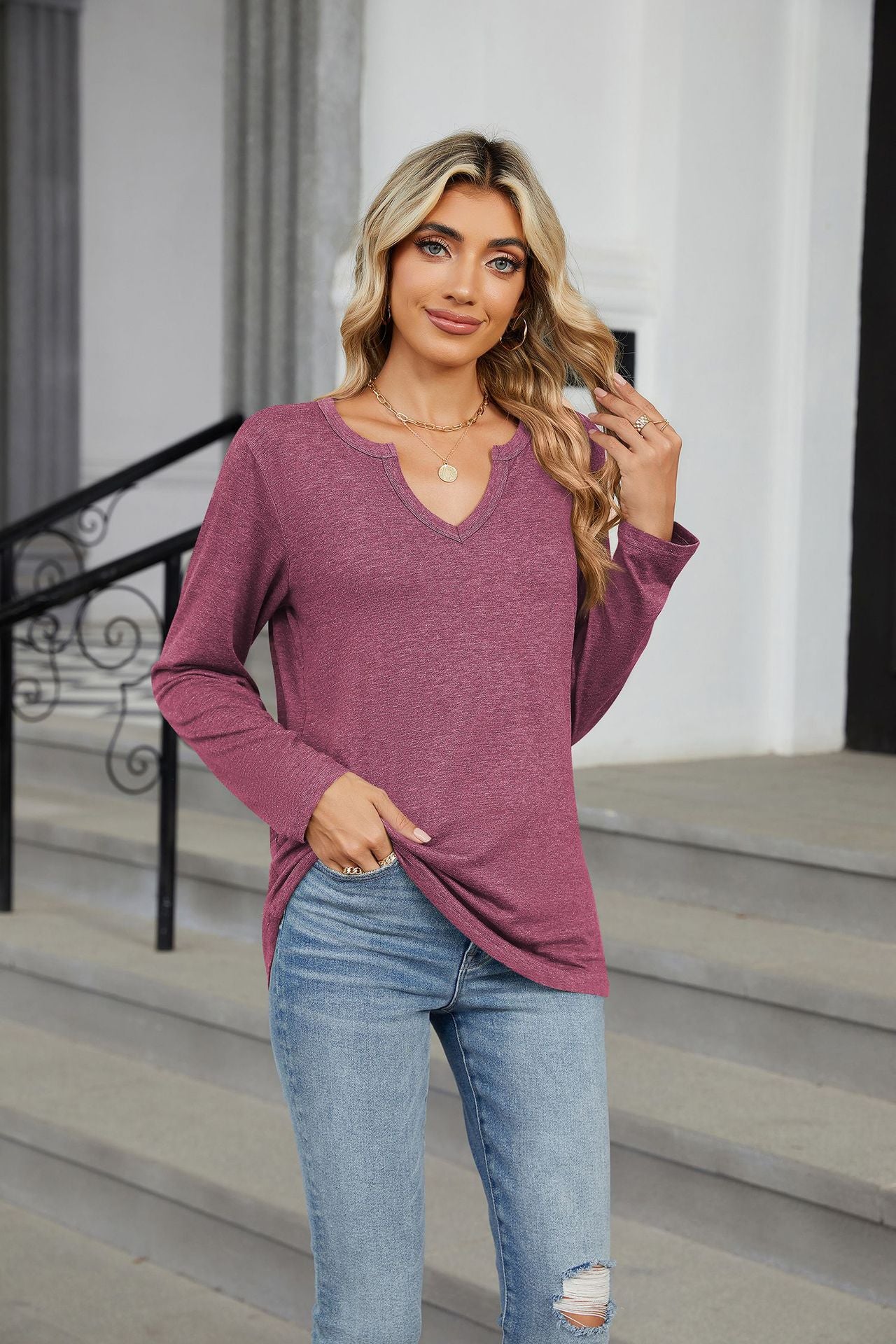 Notched Long Sleeve T-Shirt-Angel Casuals