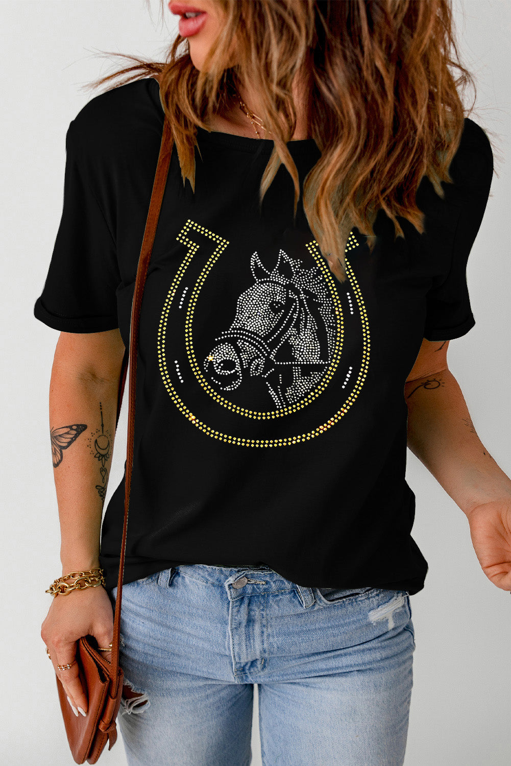 Rhinestone Round Neck Short Sleeve T-Shirt-Angel Casuals