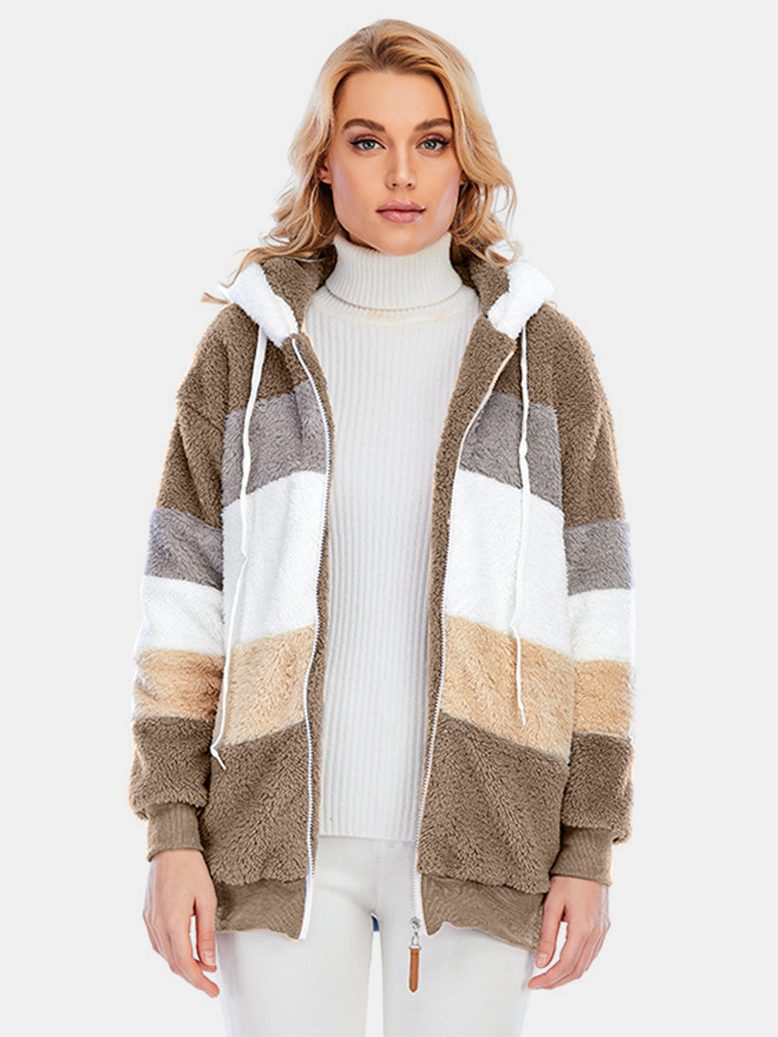 Full Size Drawstring Color Block Zip Up Hooded Outerwear-Angel Casuals