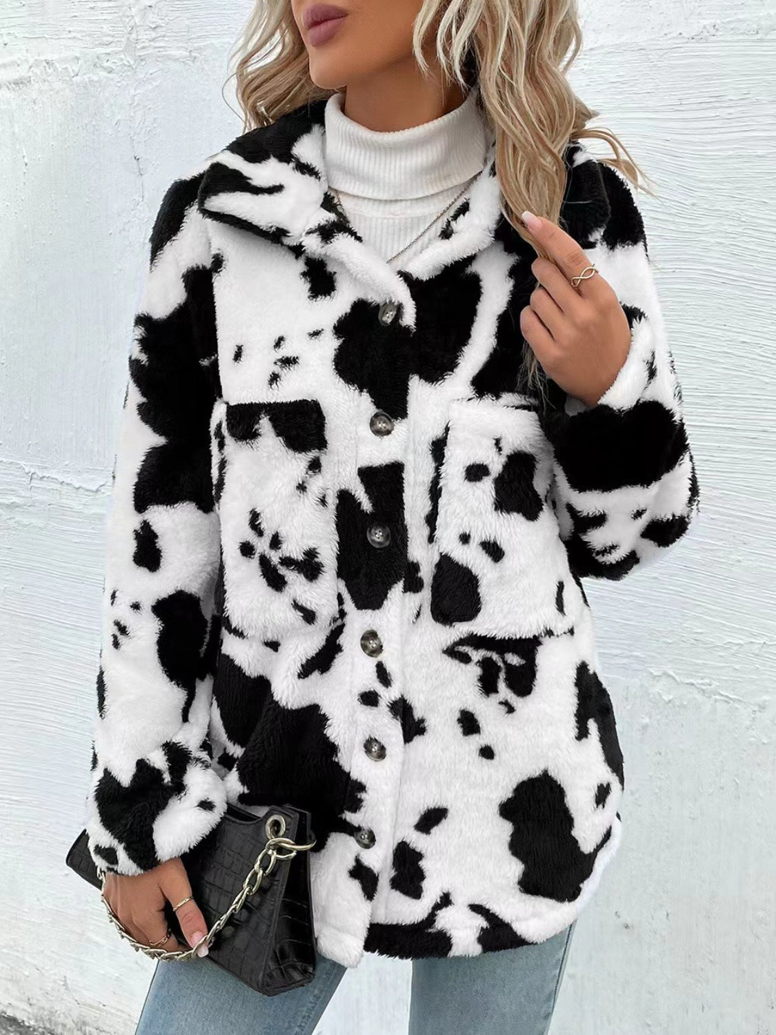 Cow Print Collared Neck Button Up Fuzzy Jacket-Angel Casuals