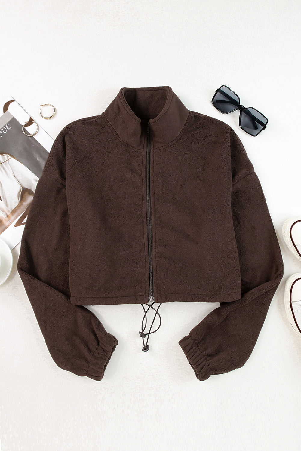 Drawstring Zip Up Dropped Shoulder Outerwear-Angel Casuals