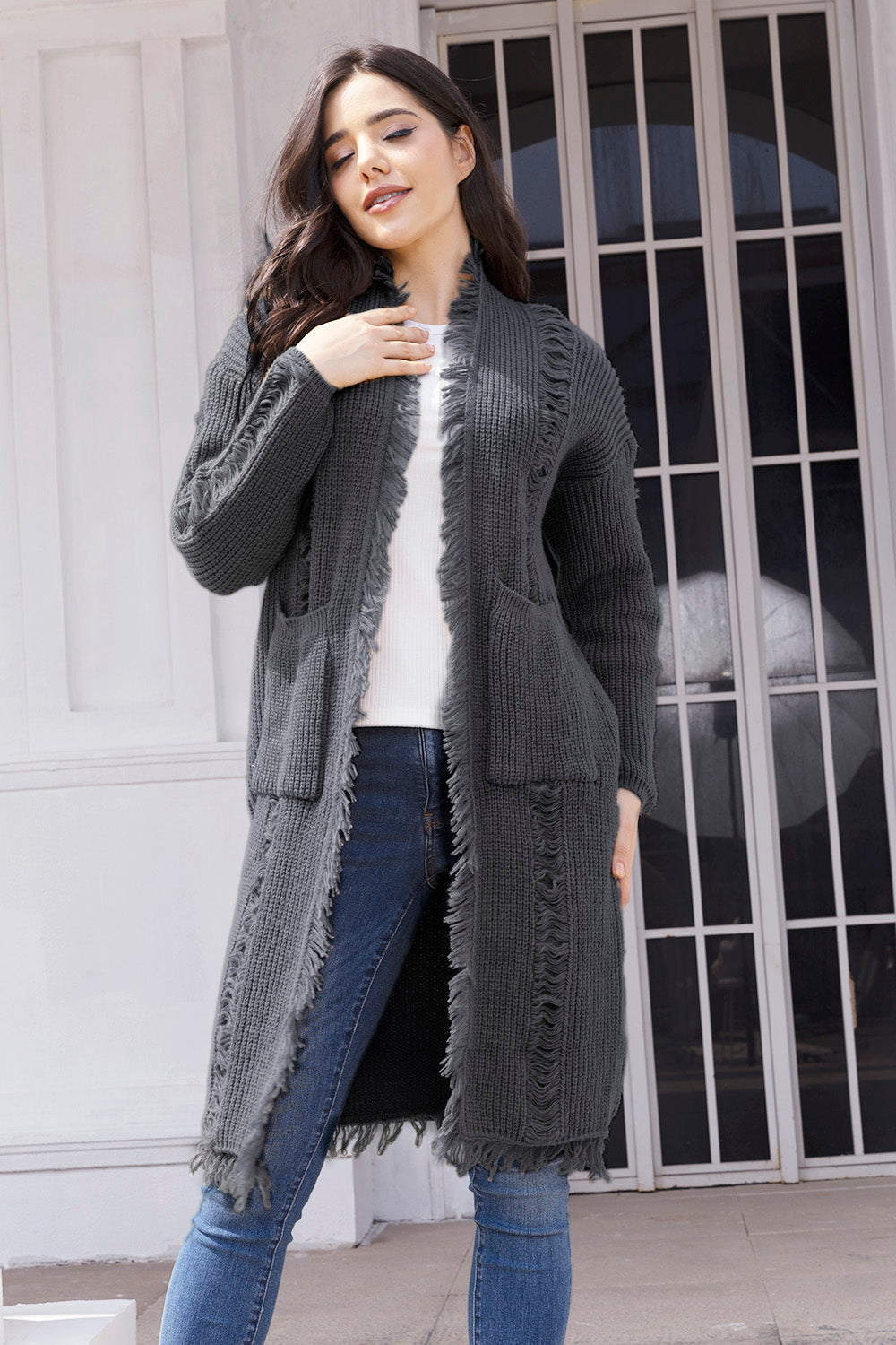Fringe Trim Open Front Cardigan with Pockets-Angel Casuals