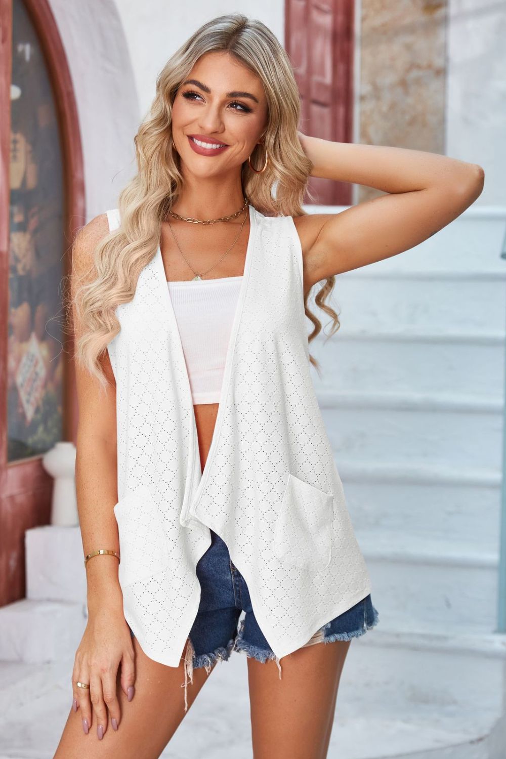 Eyelet Open Front Sleeveless Cardigan-Angel Casuals