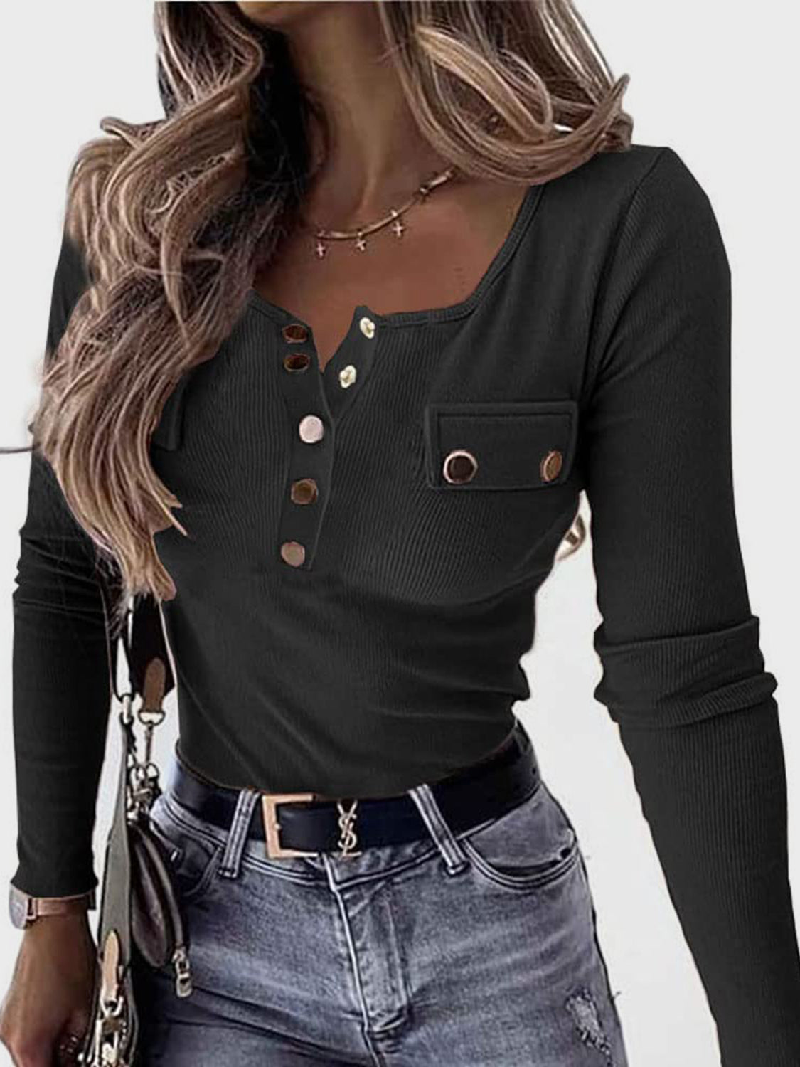 Full Size Half Snap Long Sleeve T-Shirt-Angel Casuals