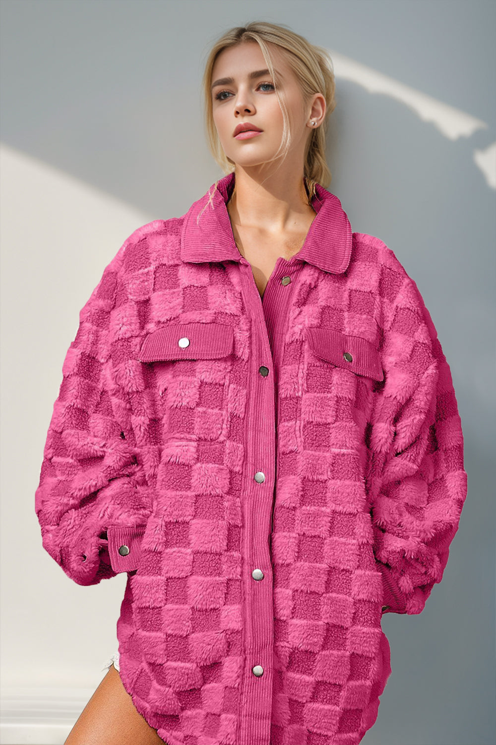 Double Take Button Up Fuzzy Checkered Shacket-Angel Casuals