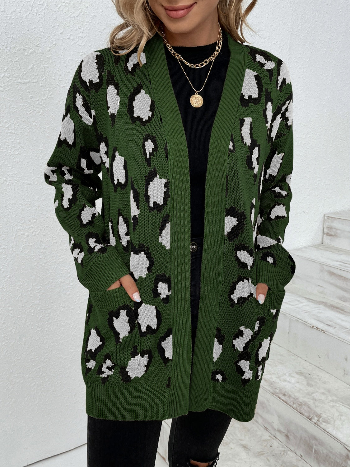 Leopard Open Front Dropped Shoulder Cardigan-Angel Casuals