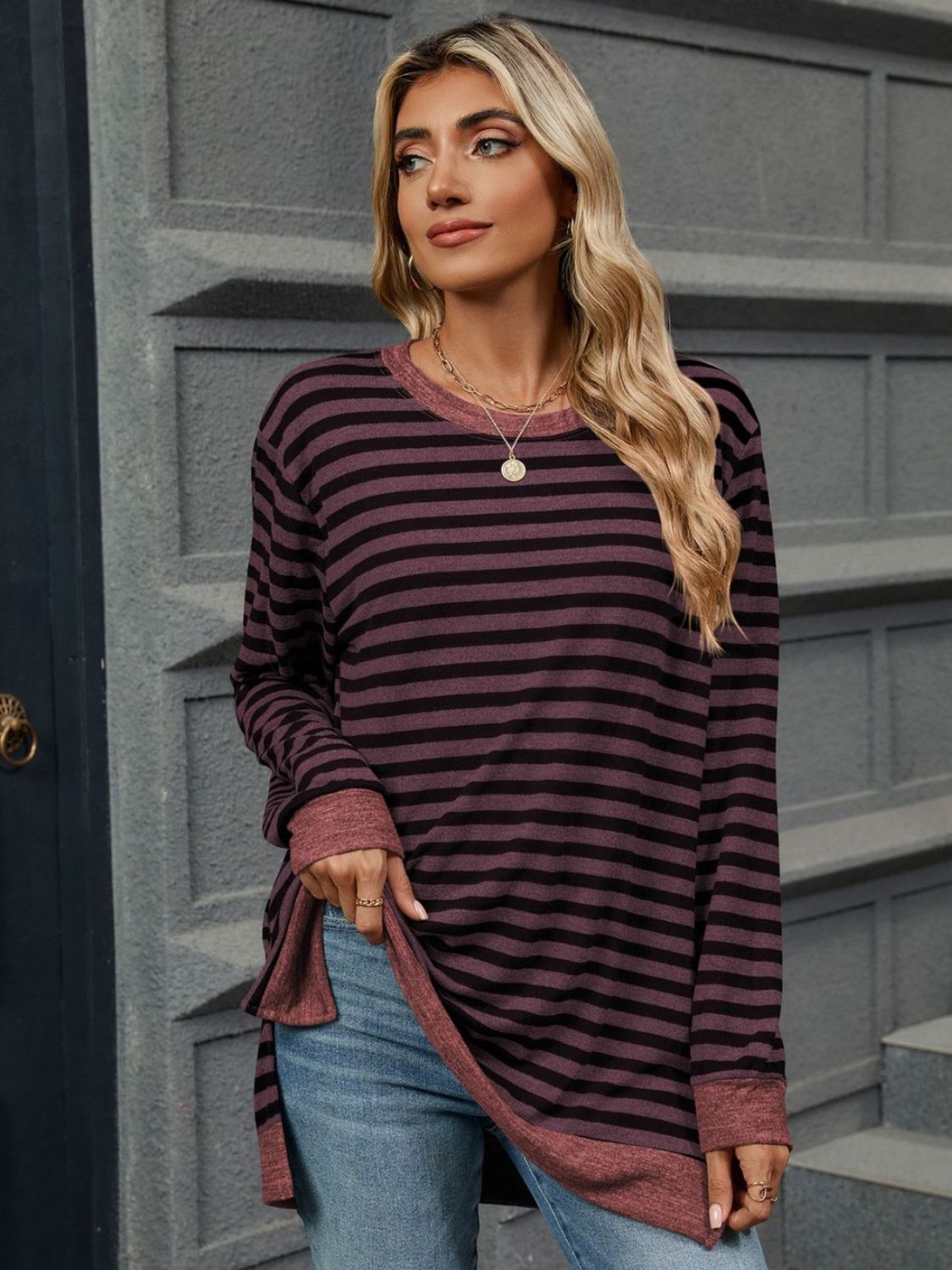 Striped Round Neck Long Sleeve T-Shirt-Angel Casuals