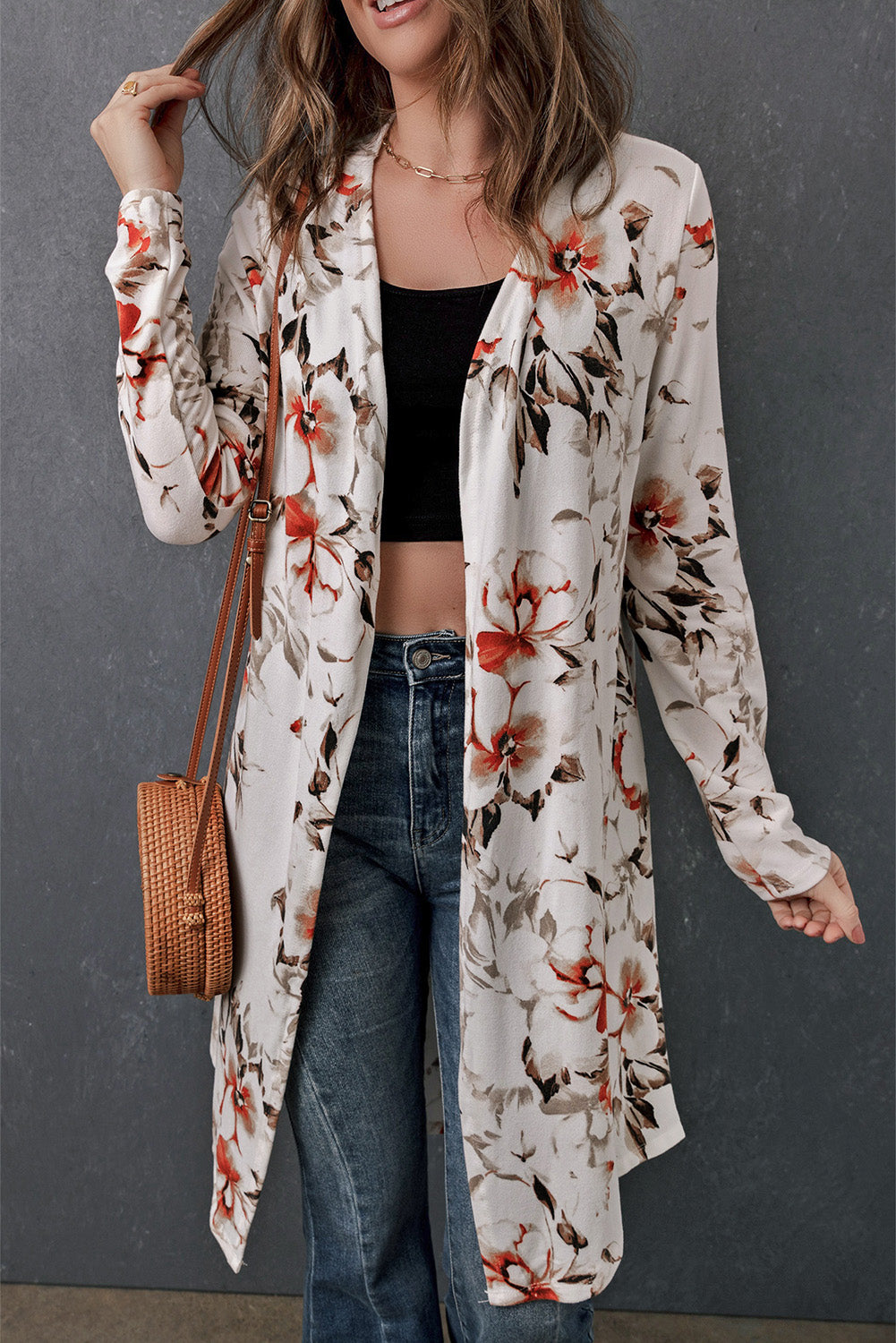 Double Take Printed Open Front Longline Cardigan-Angel Casuals