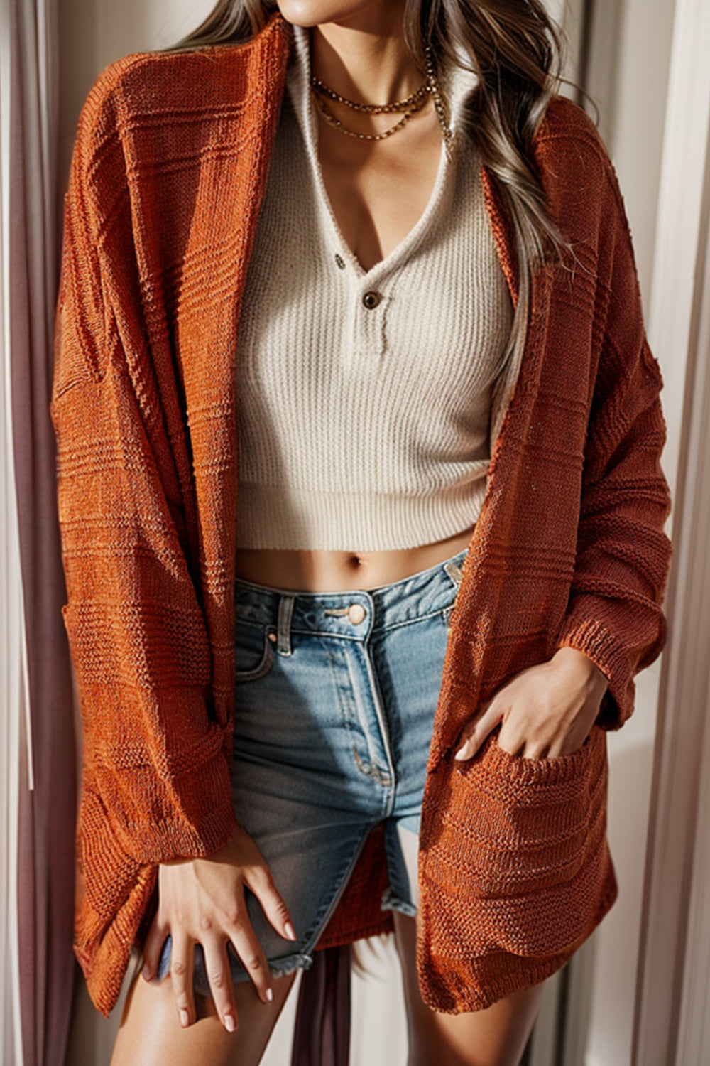 Open Front Textured Cardigan with Pockets-Angel Casuals