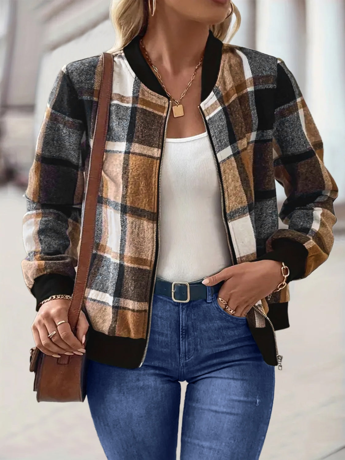 Plus Size Plaid Baseball Collar Zip Up Jacket-Angel Casuals
