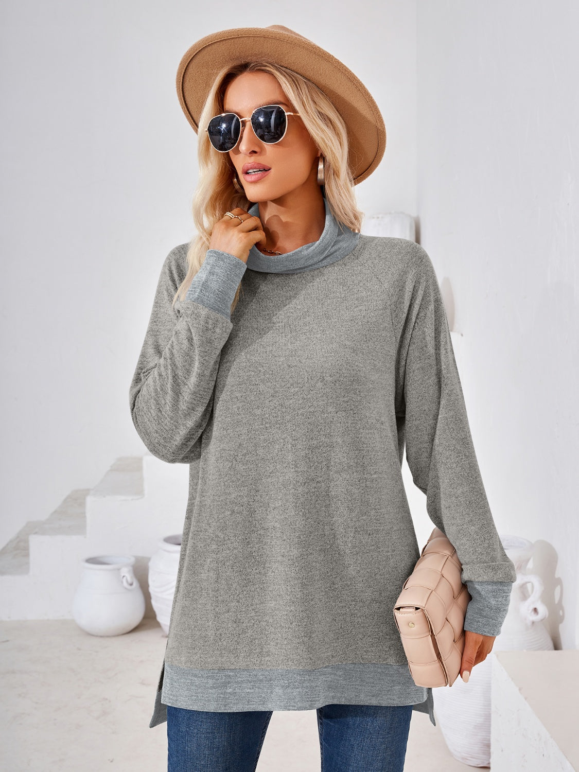Contrast Mock Neck Long Sleeve T-Shirt-Angel Casuals
