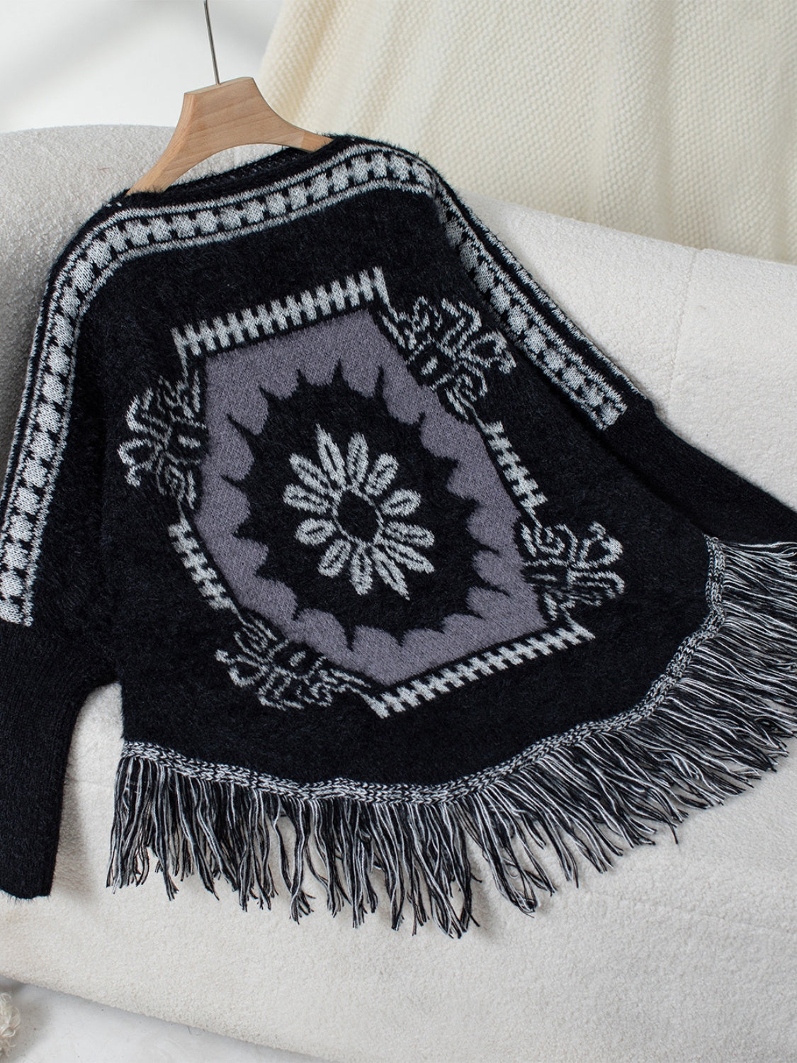 Fringe Geometric Long Sleeve Poncho-Angel Casuals