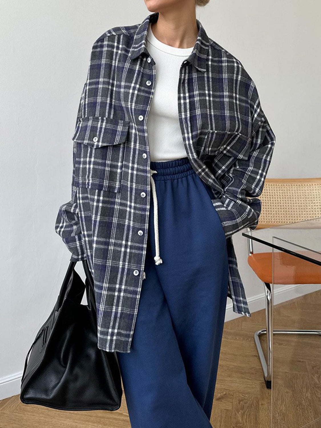 Pocketed Plaid Button Up Shacket-Angel Casuals