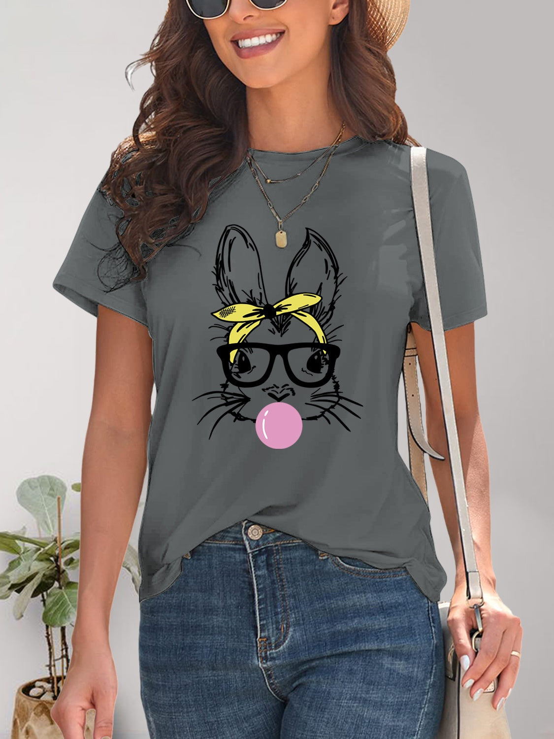 Rabbit Graphic Round Neck Short Sleeve T-Shirt-Angel Casuals