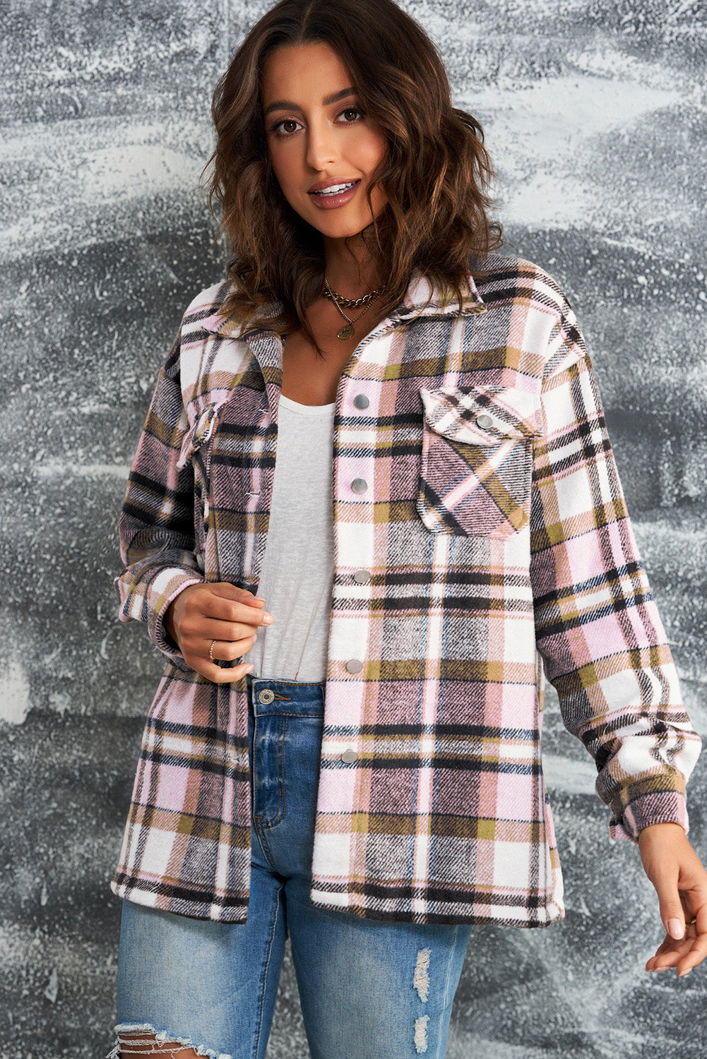 Double Take Plaid Button Front Shirt Jacket with Breast Pockets-Angel Casuals