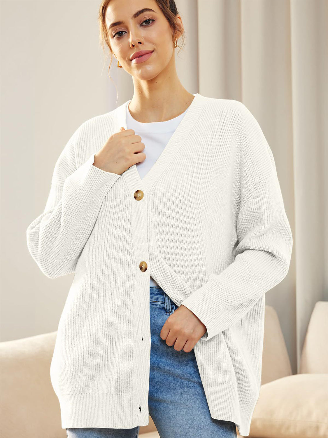 Button Down V-Neck Long Sleeve Cardigan-Angel Casuals