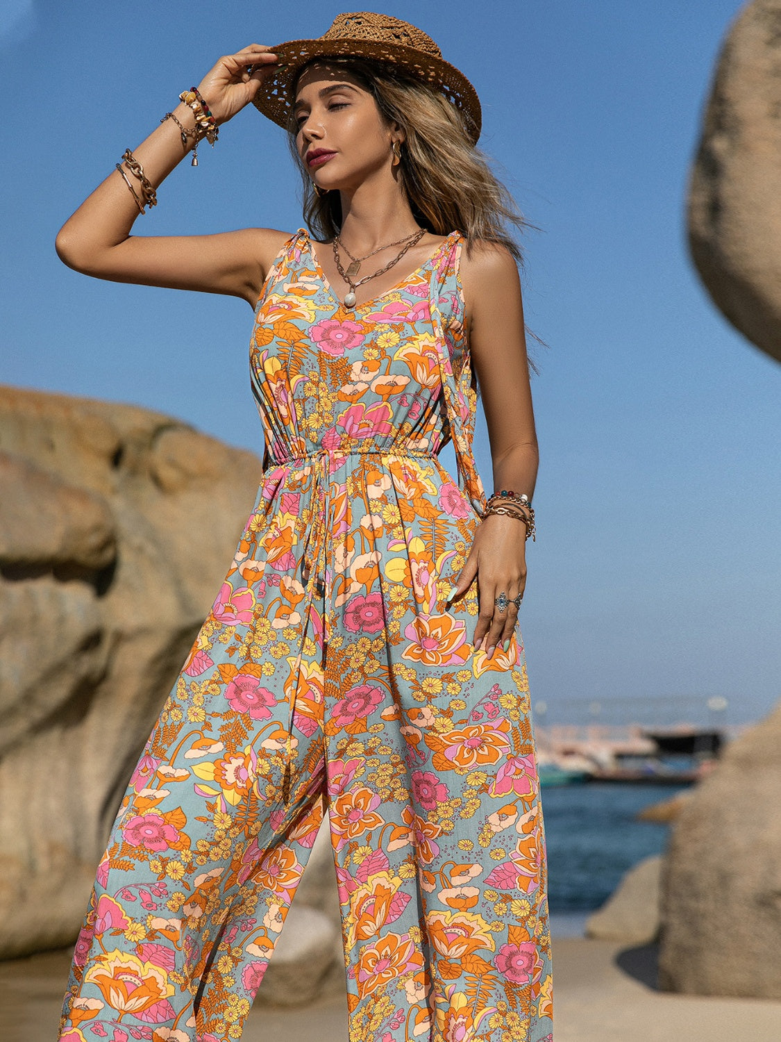 V-Neck Wide Leg Jumpsuit-Angel Casuals