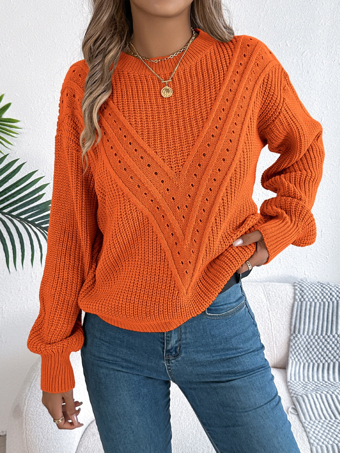 Openwork Round Neck Long Sleeve Sweater-Angel Casuals