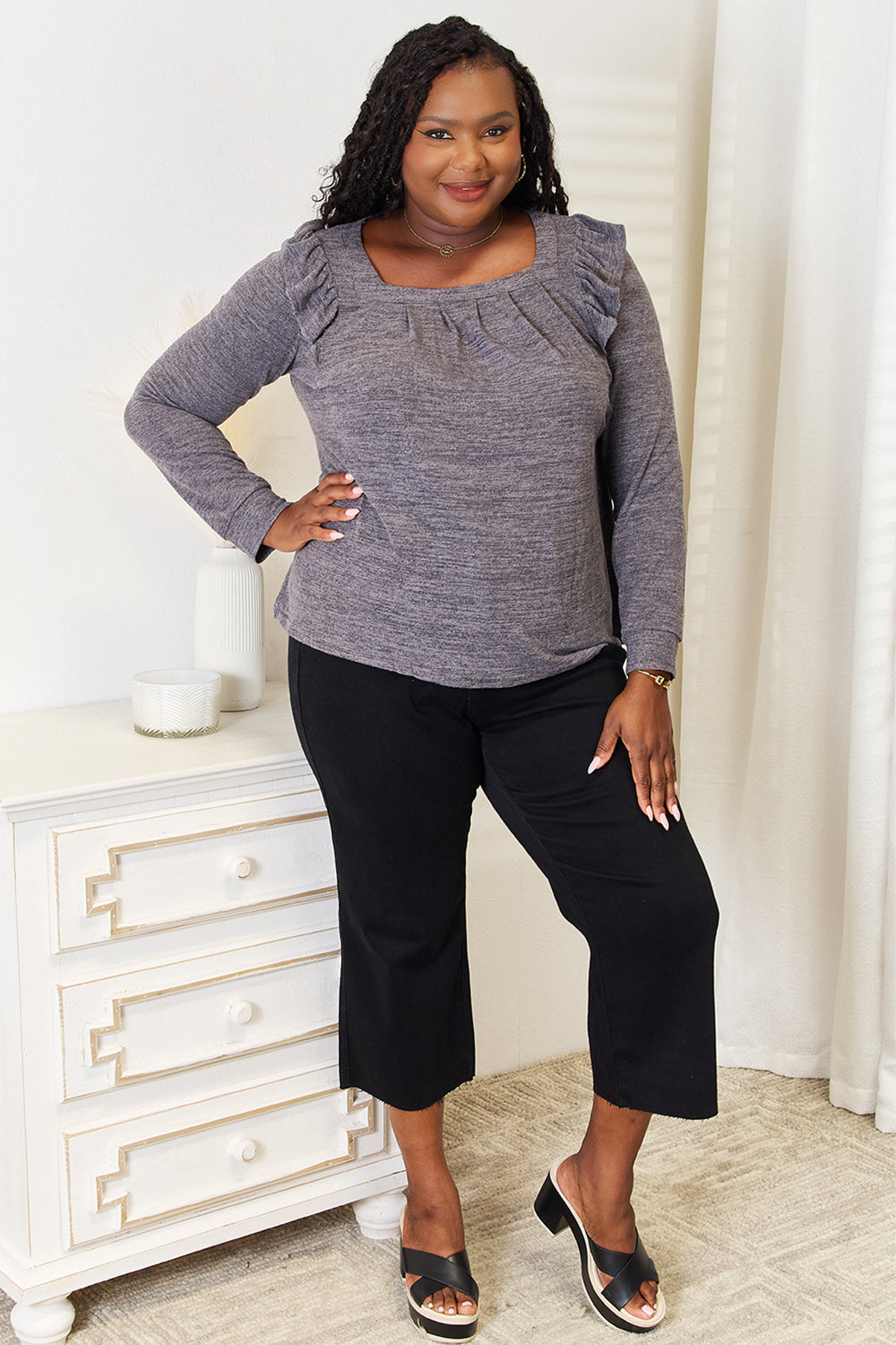 Double Take Square Neck Ruffle Shoulder Long Sleeve T-Shirt-Angel Casuals
