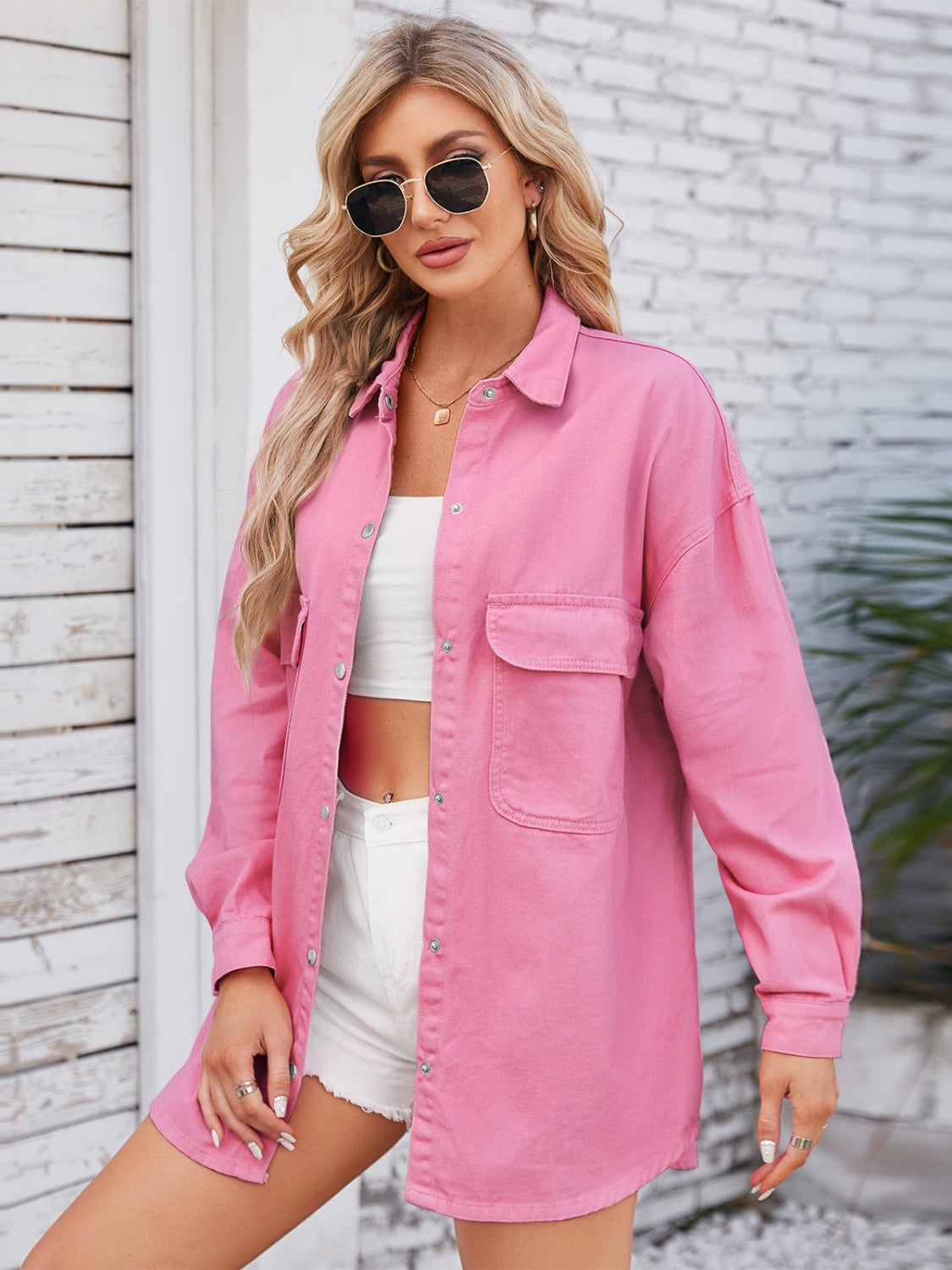 Pocketed Snap Down Dropped Shoulder Denim Shacket-Angel Casuals
