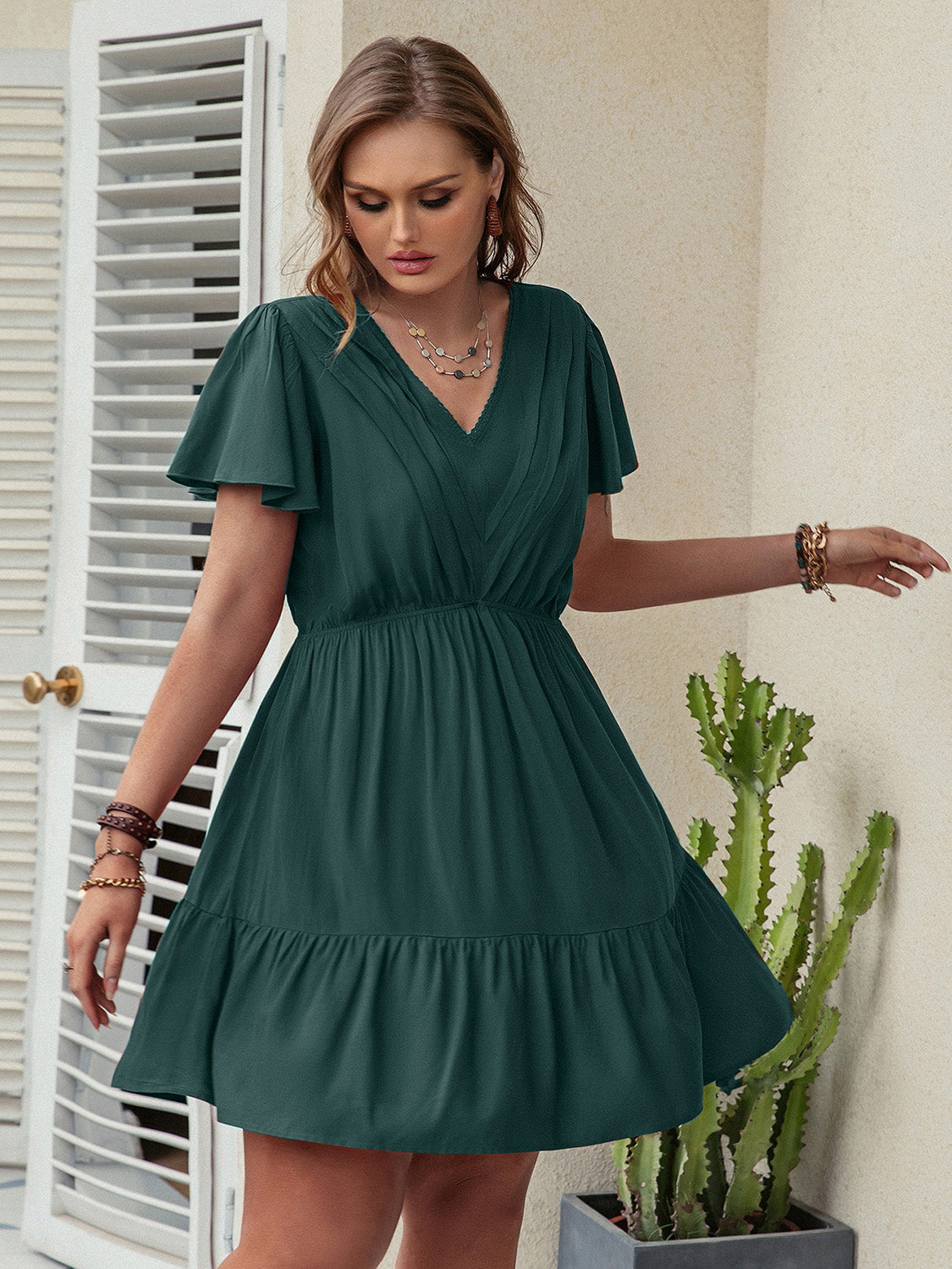 Plus Size Ruffle Hem V-Neck Short Sleeve Dress-Angel Casuals
