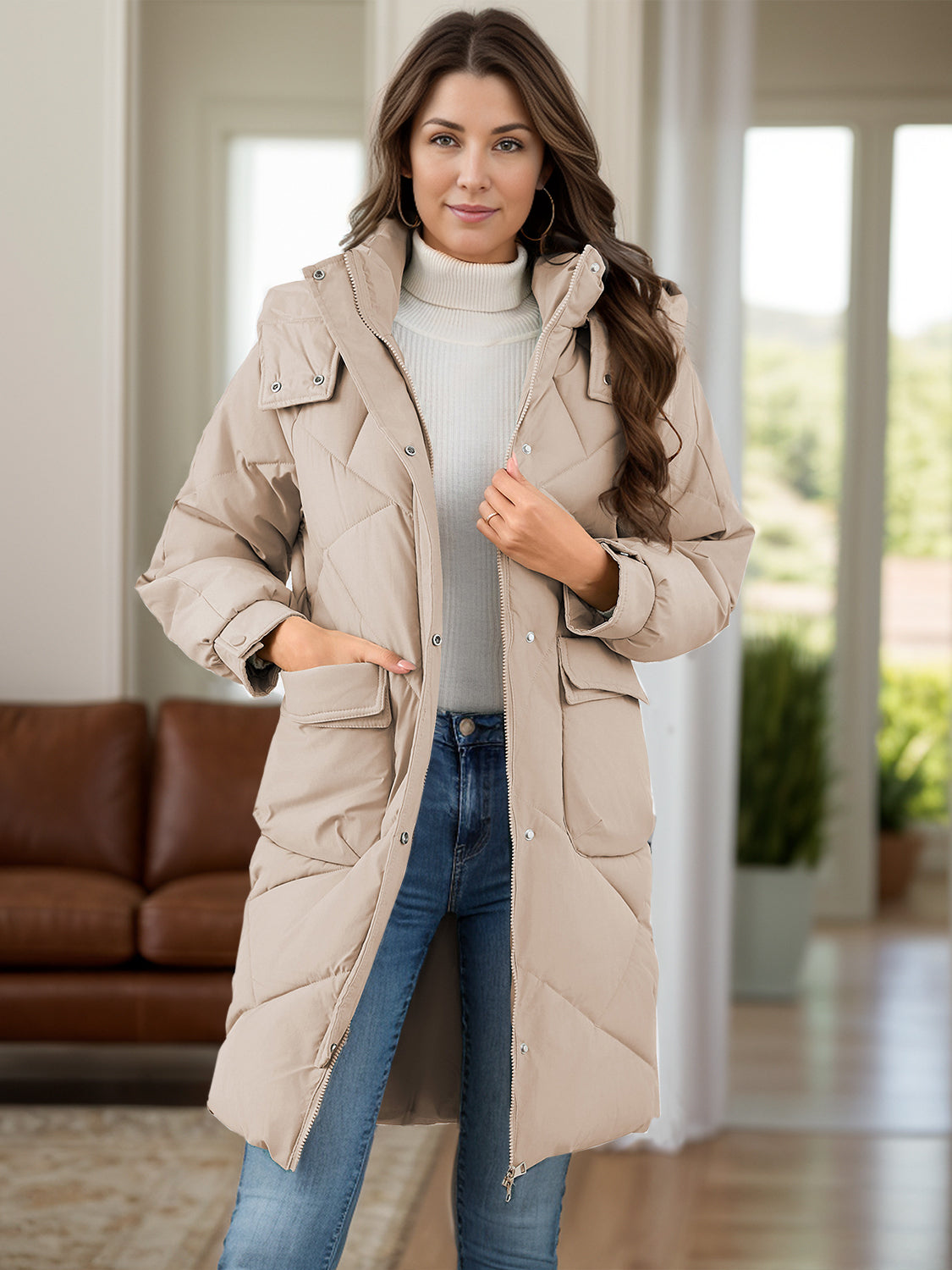 Long Sleeve Longline Hooded Winter Coat with Pockets-Angel Casuals