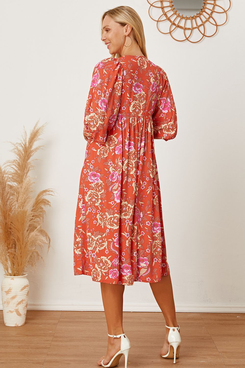 Floral Tie Neck Half Sleeve Dress-Angel Casuals