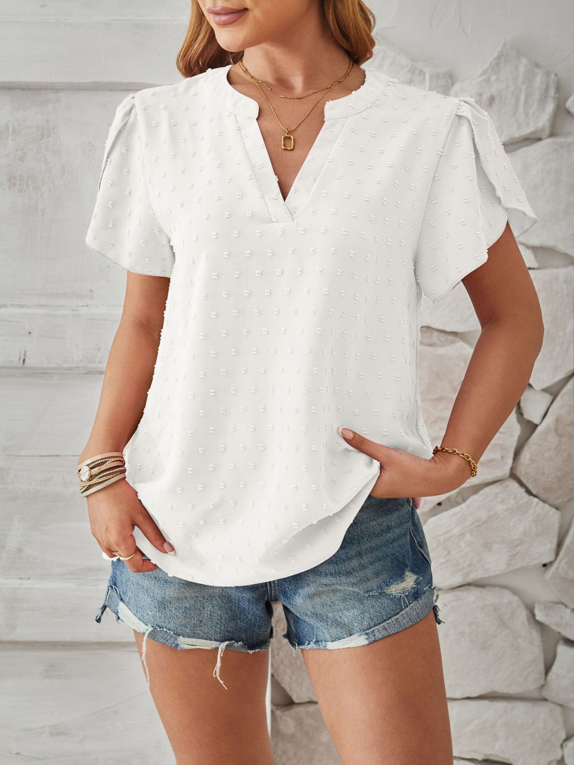 Swiss Dot Notched Petal Sleeve T-Shirt-Angel Casuals