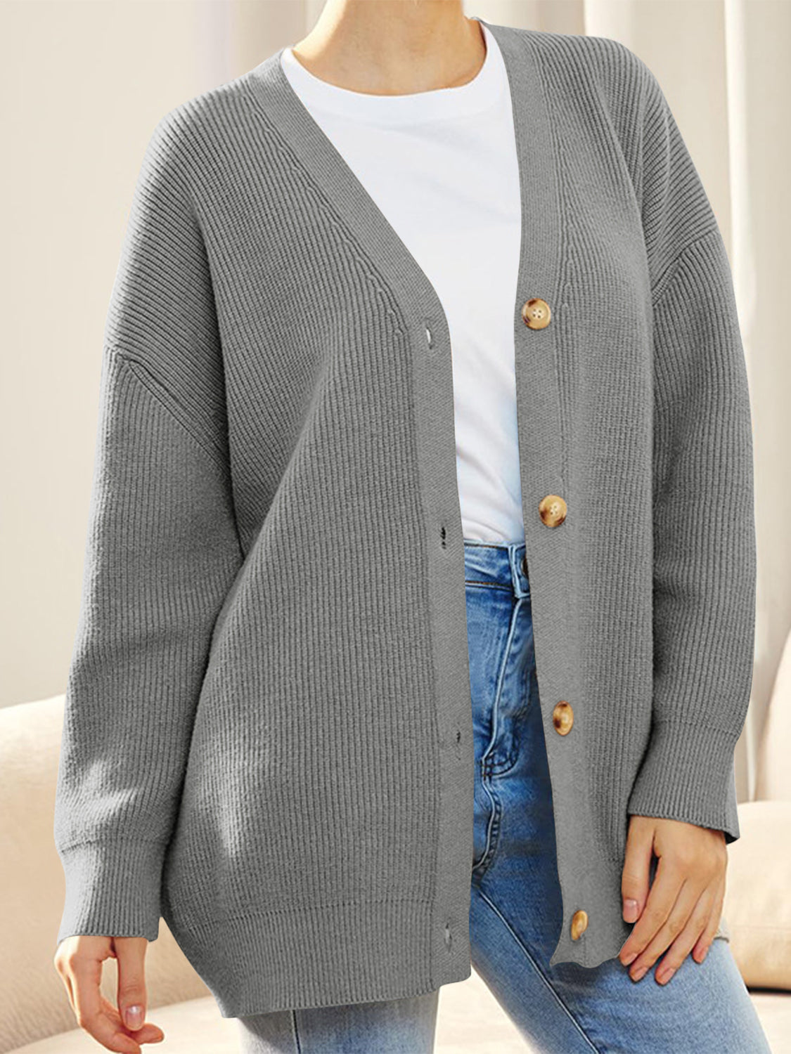 Button Down V-Neck Long Sleeve Cardigan-Angel Casuals