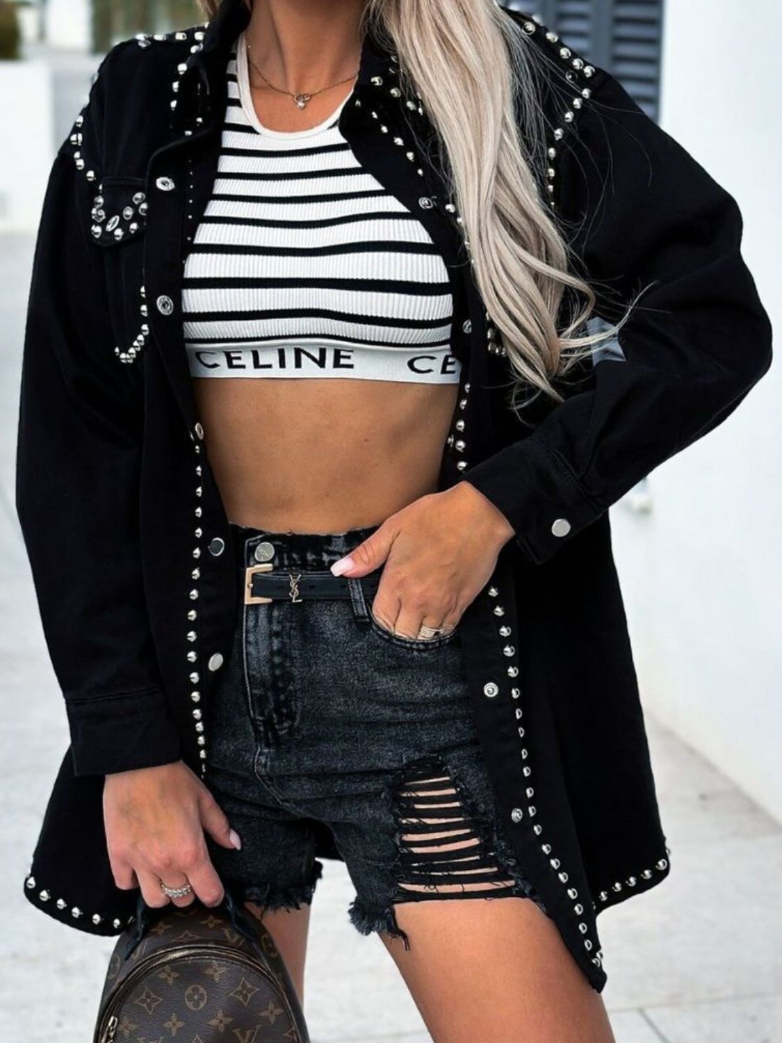 Studded Snap Down Long Sleeve Denim Shacket-Angel Casuals