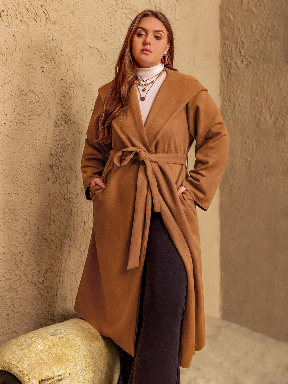 Plus Size Tied Long Sleeve Hooded Coat with Pockets-Angel Casuals
